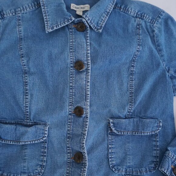 Vintage Cherokee Mid Wash Chambray Button Up Cropped Blue Jean Jacket Xl - Picture 7 of 10